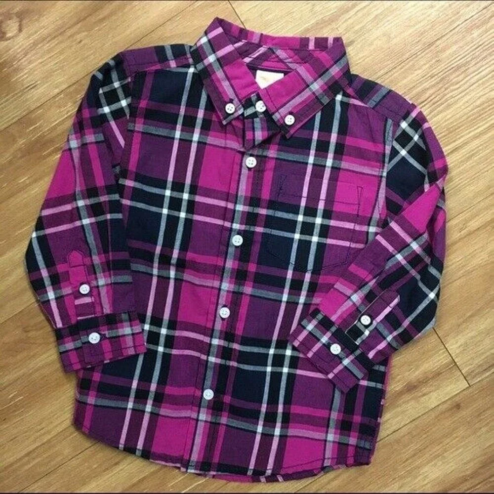 Gymboree Boys Shirt Size 18-24 Mo Fuchsia Plaid Holiday Gems Button Up Front NEW